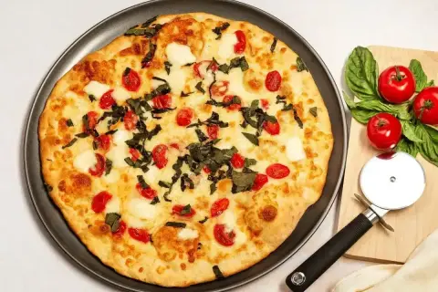 Pyszna pizza z serka wiejskiego, pomidorkami koktajlowymi i bazylią. Obok leżą świeże pomidory i krajalnica do pizzy.