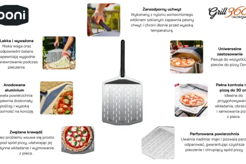 Łopatki do pizzy Ooni: lekka, aluminiowa, z żaroodpornym uchwytem i perforowaną powierzchnią. Idealne do pieców Ooni.