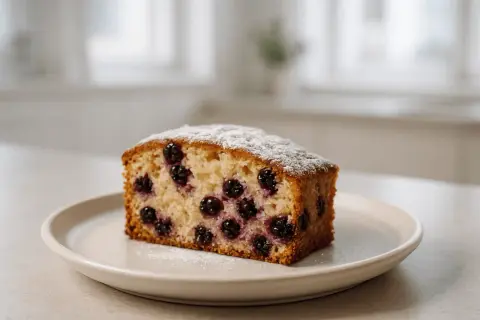 Pyszne ciasto porzeczkowiec, posypane cukrem pudrem, z widocznymi w środku ciemnymi porzeczkami.