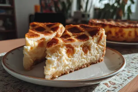 Dwa kawałki puszystego sernika krakowskiego z kratką na wierzchu, podane na talerzyku.