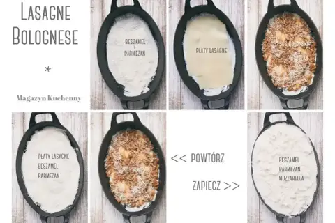 Warstwy lasagne bolognese: sos beszamelowy, makaron, sos boloński i parmezan. Powtórz i zapiecz.