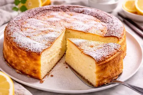 Puszysty sernik, oprószony cukrem pudrem, z cytryną w tle. Każdy kęs to kwestia smaku, idealny na deser.
