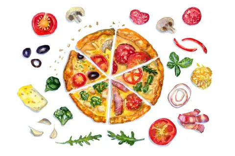 Wesołego międzynarodowego dnia pizzy! Kolorowe składniki: pomidory, oliwki, brokuły, ser, salami, grzyby, cebula, czosnek, bazylia i rukola, otaczają pyszny kawałek pizzy.