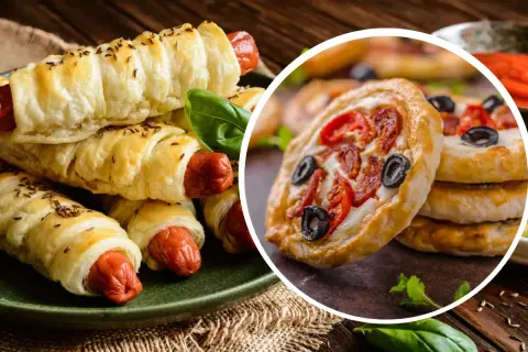 Pyszne przekąski z ciasta francuskiego: parówki w cieście i mini pizze z pomidorkami i oliwkami.