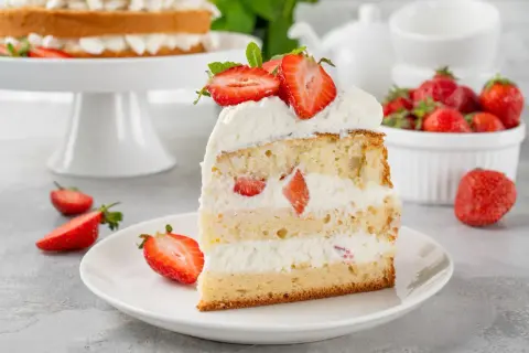 Puszysty biszkopt przełożony kremem z mascarpone i kawałkami truskawek, udekorowany świeżymi owocami.