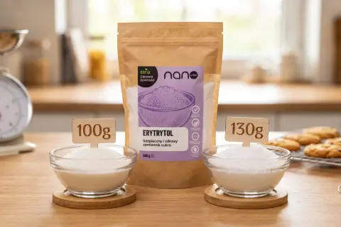 Porównanie: 100g cukru vs 130g erytrytolu. Zdrowy zamiennik cukru w proszku, idealny do wypieków.