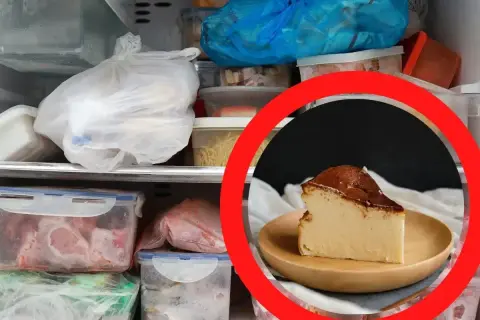 Kawałek pysznego sernika na talerzyku, otoczony mrożonkami w lodówce. Czy sernik można mrozic? Tak, aby cieszyć się nim później!